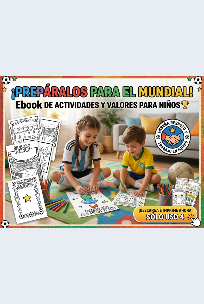 Niños coloreando láminas del ebook mundialero en la sala de su casa