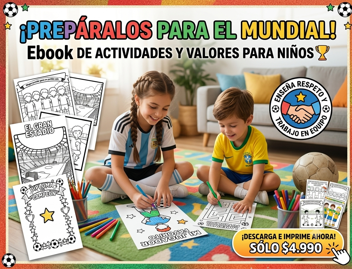 Niños coloreando láminas del ebook mundialero en la sala de su casa
