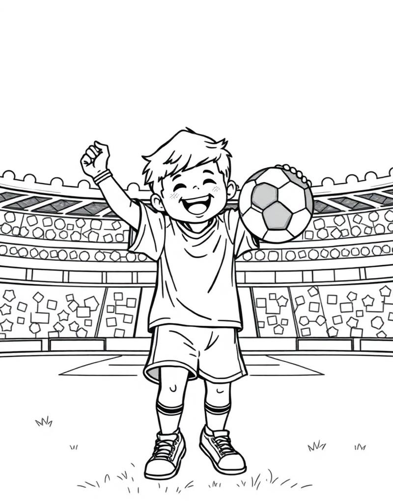 Lámina para colorear: niño futbolista celebrando en el estadio